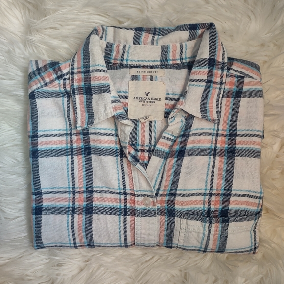 American Eagle Outfitters Boyfriend Fit Flannel In Pink/Blue/White Size Medium - Picture 4 of 5